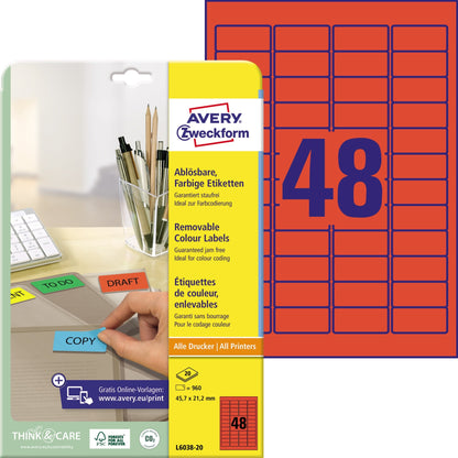 Avery Zweckform Universaletikett 45,7 x 21,2 mm (B x H) wieder ablösbar Papier rot 960 Etik./Pack.