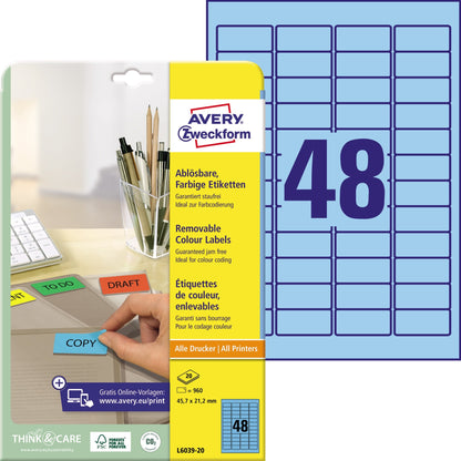 Avery Zweckform Universaletikett 45,7 x 21,2 mm (B x H) wieder ablösbar Papier blau 960 Etik./Pack.