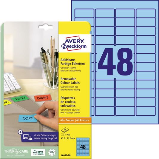 Avery Zweckform Universaletikett 45,7 x 21,2 mm (B x H) wieder ablösbar Papier blau 960 Etik./Pack.