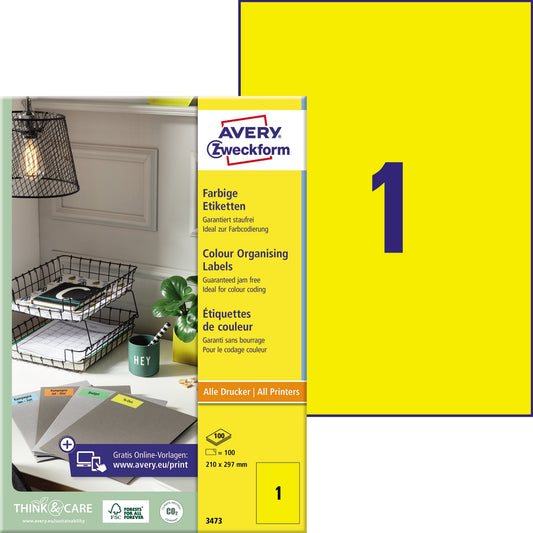 Avery Zweckform Universaletikett 210 x 297 mm (B x H) nicht wieder ablösbar Papier gelb 100 Etik./Pack.