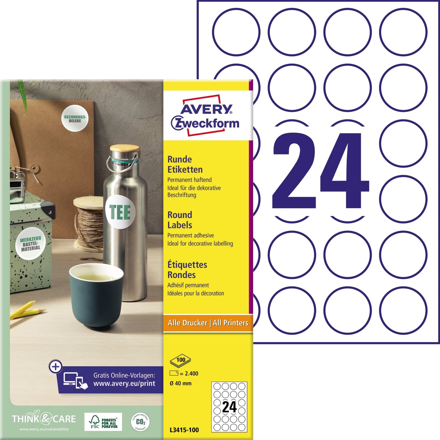 Avery Zweckform Universaletikett 40mm Papier weiß 2.400 Etik./Pack.