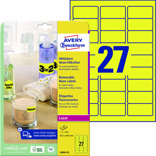 Avery Zweckform Neonetikett 63,5 x 29,6 mm (B x H) wieder ablösbar neongelb 675 Etik./Pack.