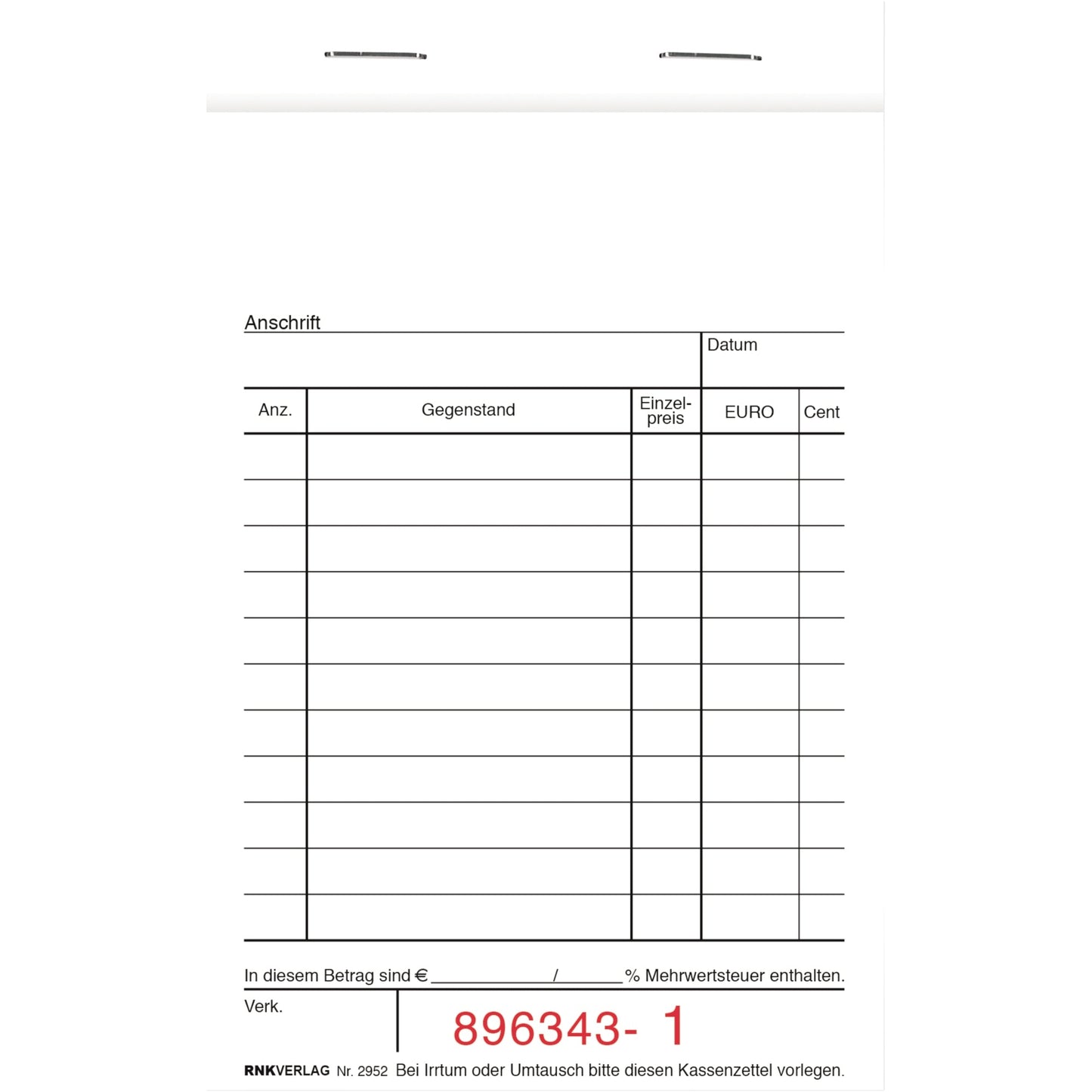RNK Verlag Kassenblock DIN A6 1 Durchschlag 2 x 50 Bl.