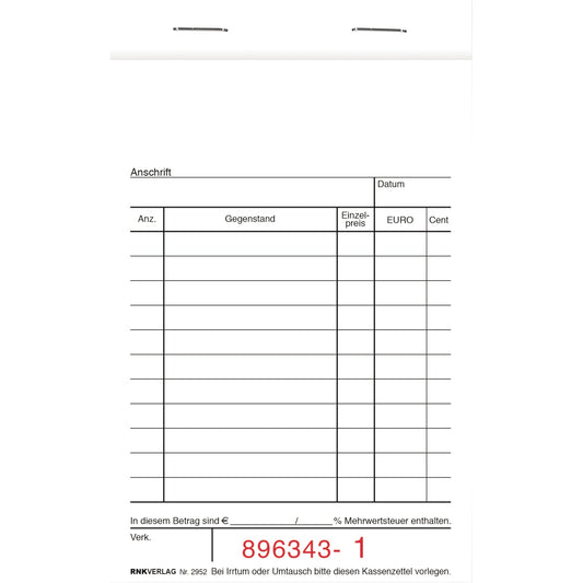 RNK Verlag Kassenblock DIN A6 1 Durchschlag 2 x 50 Bl.