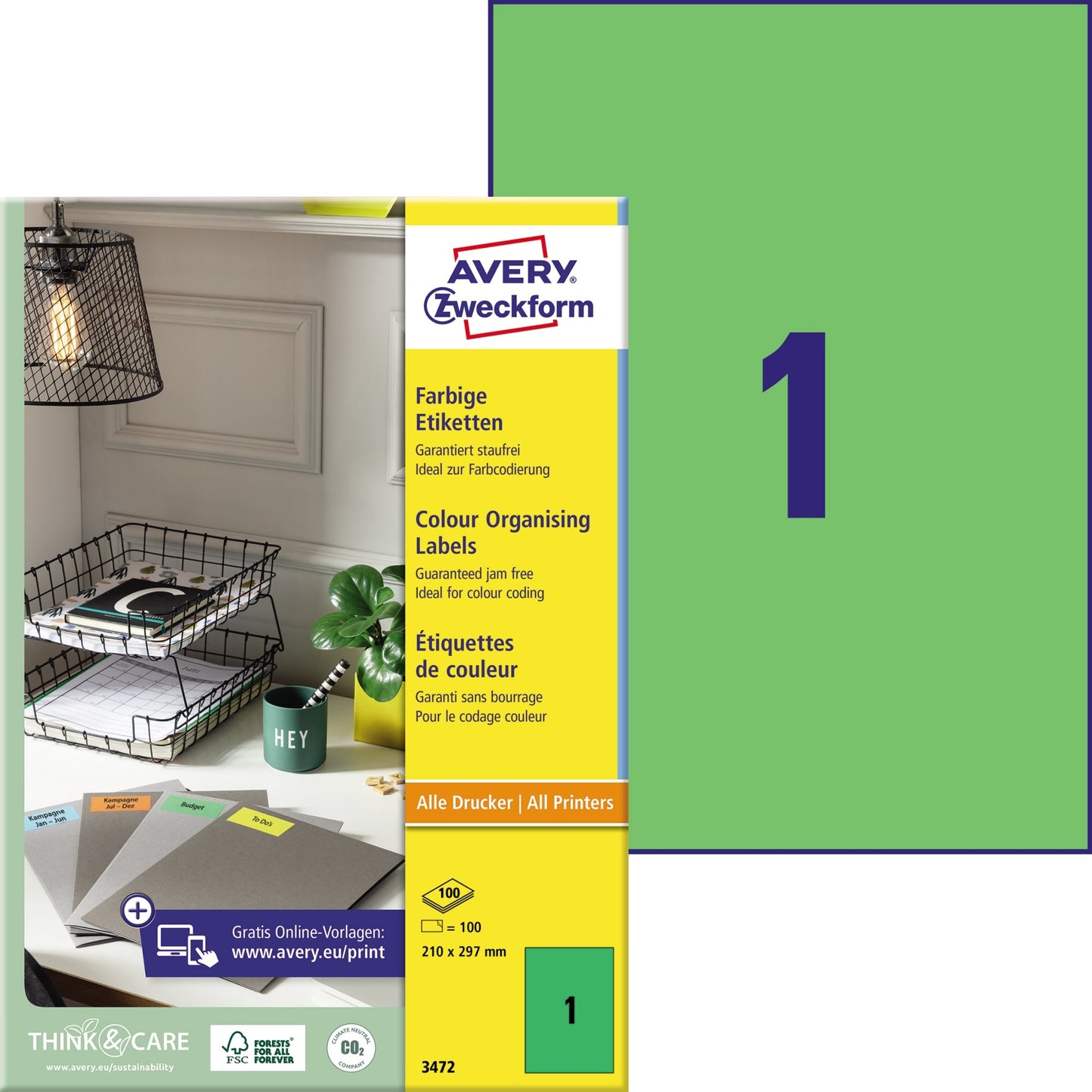 Avery Zweckform Universaletikett 210 x 297 mm (B x H) nicht wieder ablösbar Papier grün 100 Etik./Pack.