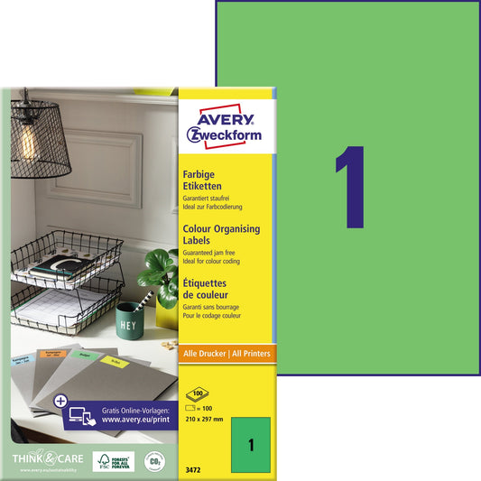 Avery Zweckform Universaletikett 210 x 297 mm (B x H) nicht wieder ablösbar Papier grün 100 Etik./Pack.