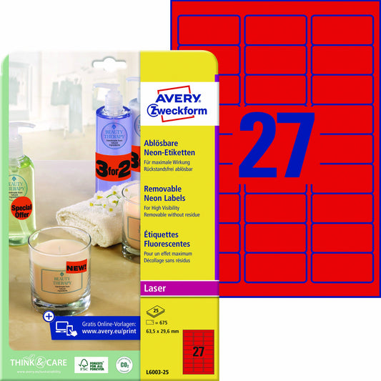 Avery Zweckform Neonetikett 63,5 x 29,6 mm (B x H) wieder ablösbar neonrot 675 Etik./Pack.