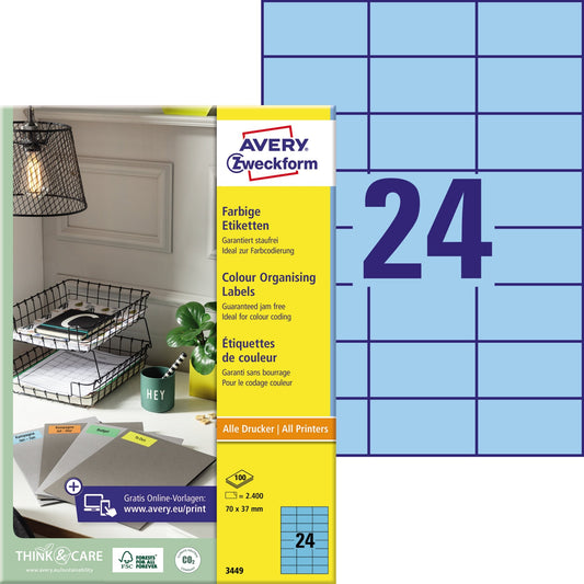 Avery Zweckform Universaletikett 70 x 37 mm (B x H) nicht wieder ablösbar Papier blau 2.400 Etik./Pack.