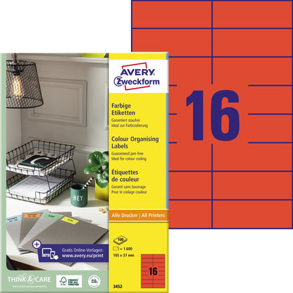 Avery Zweckform Universaletikett 105 x 37 mm (B x H) nicht wieder ablösbar Papier rot 1.600 Etik./Pack.