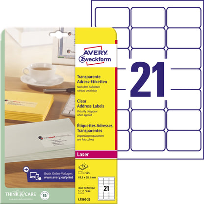 Avery Zweckform Adressetikett QuickPEELT 63,5 x 38,1 mm (B x H) Polyester transparent 525 Etik./Pack.