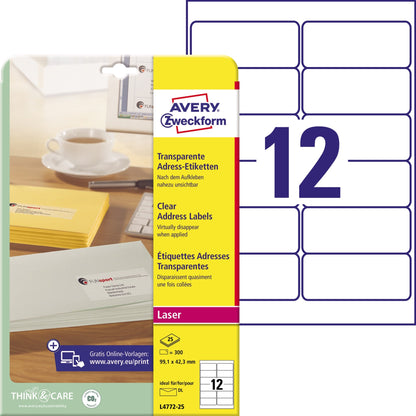 Avery Zweckform Adressetikett QuickPEELT 99,1 x 42,3 mm (B x H) Polyester transparent 300 Etik./Pack.