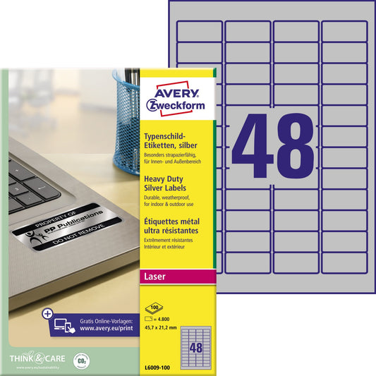 Avery Zweckform Typenschildetikett 45,7 x 21,2 mm (B x H) silber 4.800 Etik./Pack.
