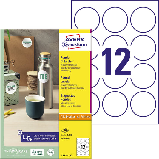 Avery Zweckform Universaletikett 60mm Papier weiß 1.200 Etik./Pack.