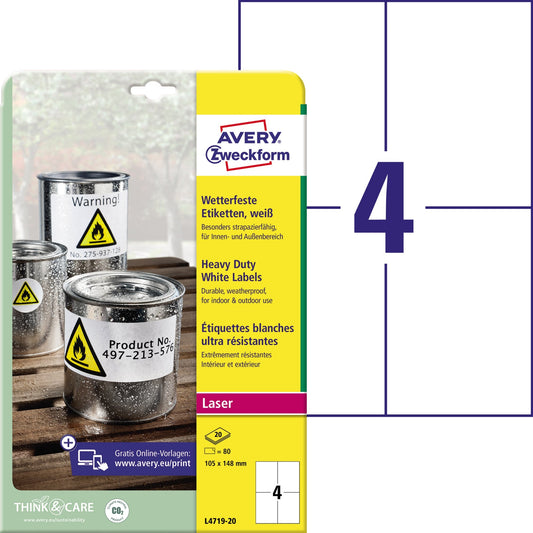 Avery Zweckform Folienetikett 105 x 148 mm (B x H) weiß 80 Etik./Pack.