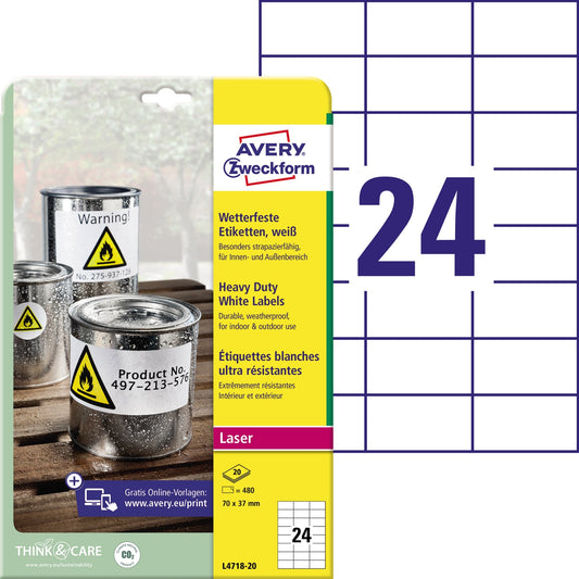 Avery Zweckform Folienetikett 70 x 37 mm (B x H) weiß 480 Etik./Pack.