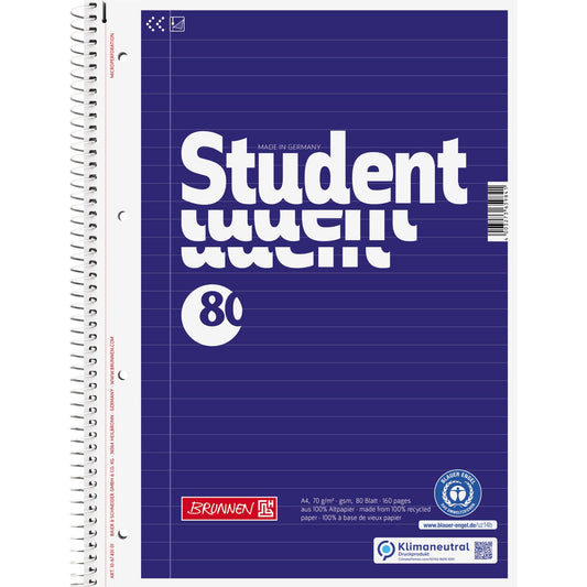 BRUNNEN Collegeblock Student Recycling DIN A4 liniert 70g/m² blau 80 Bl.