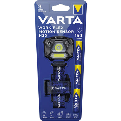 Varta Stirnlampe Work Flex® Motion Sensor H20 High: 150 Im, Low: 45lm High: 78 m, Low: 42m LED High: 4 h, Low: 20 AAA/Micro