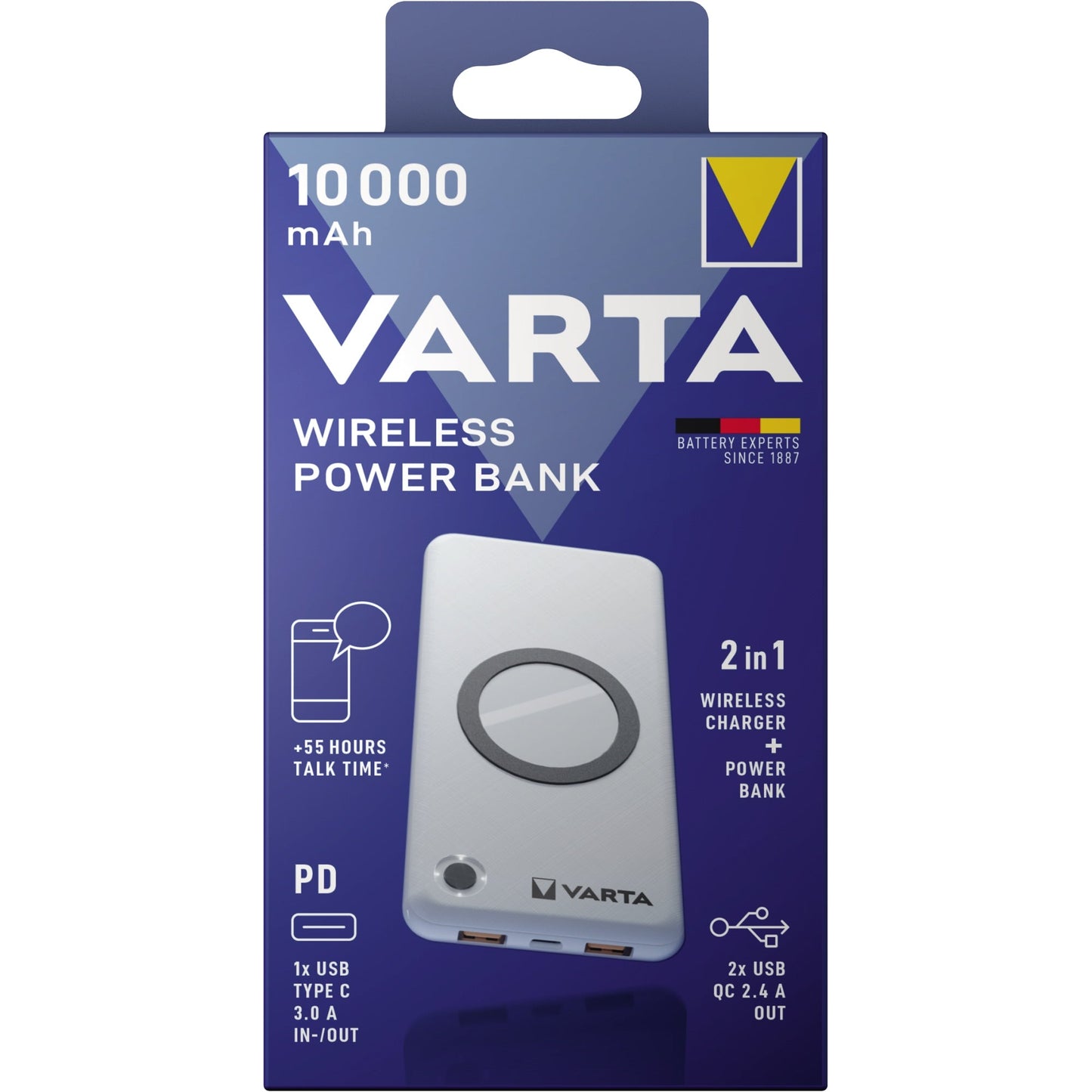 Varta Powerbank Wireless 77,5 x 15 x 157,5 mm (B x H x T) 1 x USB-C PD, 2 x USB-A 3.0 inkl. USB-C Ladekabel weiß
