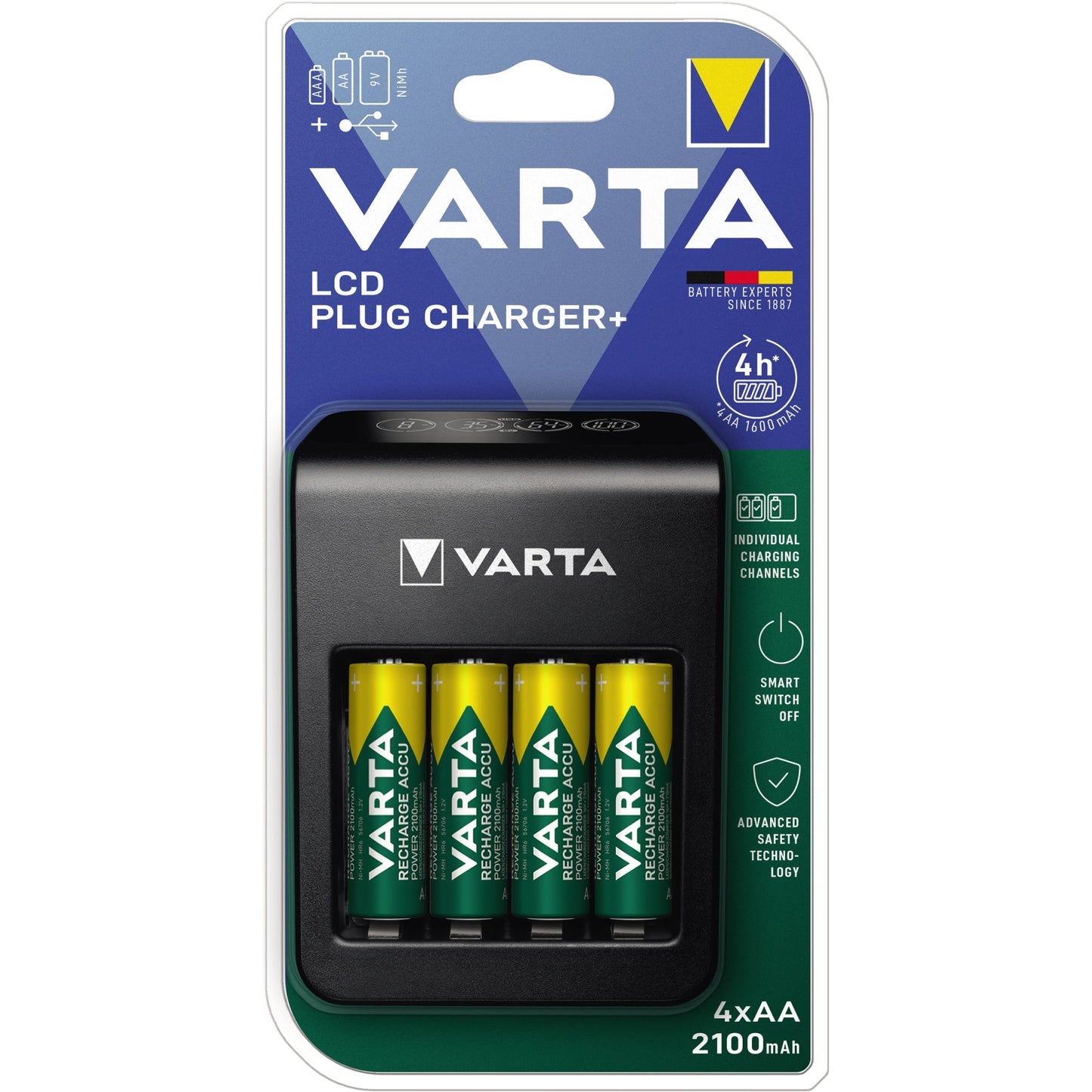 Varta Akkuladegerät Plug Charger+ 4 x AA Akkus (2.100 mAh) AAA/Micro, AA/Mignon, E-Block 4h 100-240V
