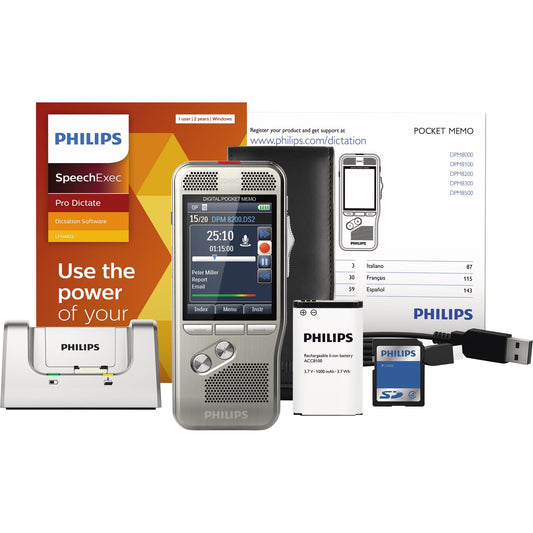 Philips Diktiergerät Digital Pocket Memo DPM 8200 5,3 x 12,3 x 1,5 cm (B x H x T) 2.800 (SP), 1.400 (QP), 200 (MP3), 108 (PCM Voice), 52 (PCM Stereo)h
