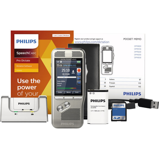 Philips Diktiergerät Digital Pocket Memo DPM 8000 5,3 x 12,3 x 1,5 cm (B x H x T) 2.800 (SP), 1.400 (QP), 200 (MP3), 108 (PCM Voice), 52 (PCM Stereo)h