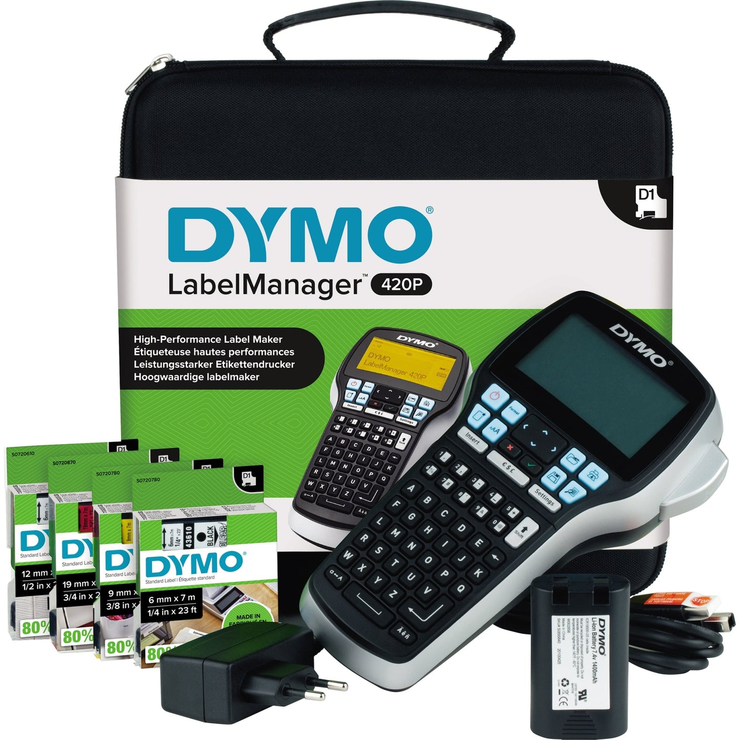 DYMO® Beschriftungsgerät LabelManagerT 420P 4 Display-Zeilen 7 Schriftgrößen 4 Druckzeilen inkl. 4 D1-Schriftbandkassetten, USB-Kabel, Akku, Kurzanleitung, Garantiekarte, Netzteil