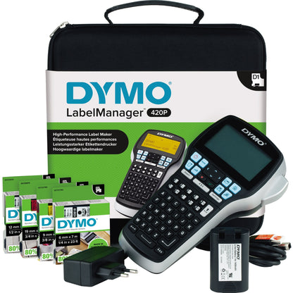 DYMO® Beschriftungsgerät LabelManagerT 420P 4 Display-Zeilen 7 Schriftgrößen 4 Druckzeilen inkl. 4 D1-Schriftbandkassetten, USB-Kabel, Akku, Kurzanleitung, Garantiekarte, Netzteil