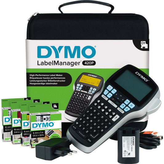 DYMO® Beschriftungsgerät LabelManagerT 420P 4 Display-Zeilen 7 Schriftgrößen 4 Druckzeilen inkl. 4 D1-Schriftbandkassetten, USB-Kabel, Akku, Kurzanleitung, Garantiekarte, Netzteil