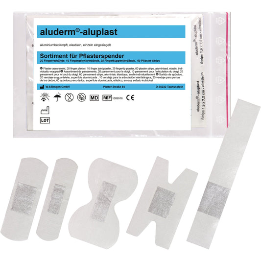SÖHNGEN® Nachfüllset Pflasterspender aluderm® Pflasterspender aluderm®-aluplast 1009910 30 Strips ca. 2,5 x 7,2 cm, 30 Strips ca. 1,9 x 7,2 cm, 25 Fingerkuppenverbände, 20 Fingerverbände ca. 2 x 12 cm, 10 Fingergelenkverbände Polyestervlies 115 St./Pack.