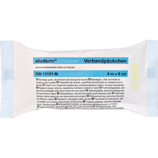 aluderm® Verband 8 cm x 4 m (B x L) Maße Kompresse: 12 x 10 cm (B x L) Polyestervlies, aluminiumbedampft