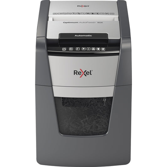 Rexel® Aktenvernichter Optimum AutoFeed+ 90X P-4 Papier, Heftklammern, Büroklammern, Kreditkarten Partikelschnitt 9 Bl. manuell, 99 Bl. automatisch schwarz