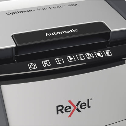 Rexel® Aktenvernichter Optimum AutoFeed+ 90X P-4 Papier, Heftklammern, Büroklammern, Kreditkarten Partikelschnitt 9 Bl. manuell, 99 Bl. automatisch schwarz
