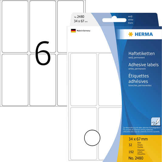 HERMA Universaletikett 34 x 67 mm (B x H) nicht wieder ablösbar Papier weiß 192 Etik./Pack.