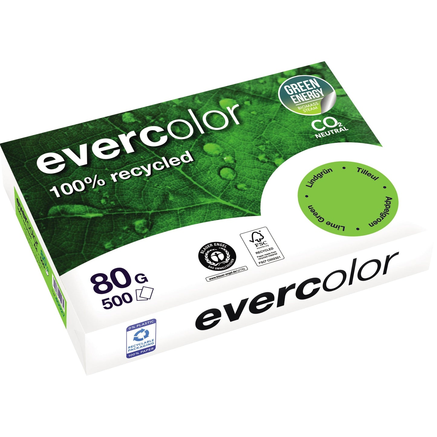 Clairefontaine Kopierpapier evercolor DIN A4 80g/m² 100 % Altpapier lindgrün 500 Bl./Pack.
