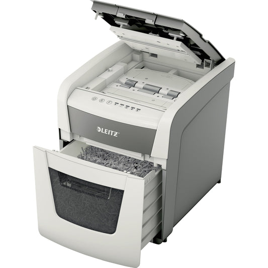 Leitz Aktenvernichter IQ Autofeed Small Office 50 P-4 Papier, Heftklammern, Büroklammern, Kreditkarten Partikelschnitt 7 Bl. manuell, 55 Bl. automatisch weiß