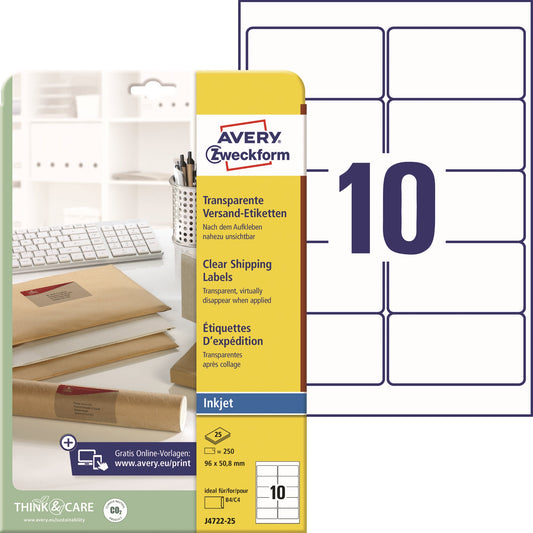 Avery Zweckform Adressetikett QuickPEELT 96 x 50,8 mm (B x H) Polyester transparent 250 Etik./Pack.