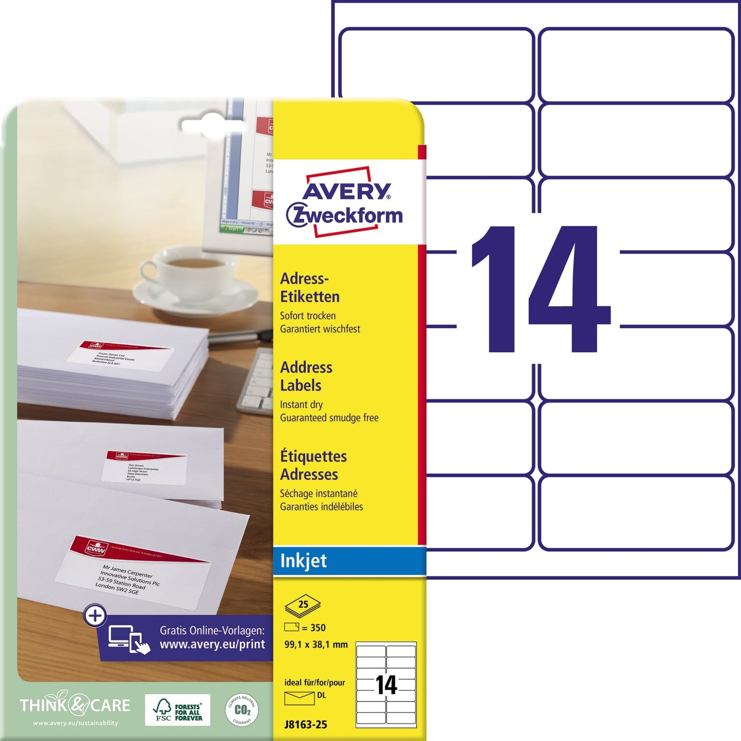 Avery Zweckform Adressetikett 99,1 x 38,1 mm (B x H) Papier weiß 350 Etik./Pack.