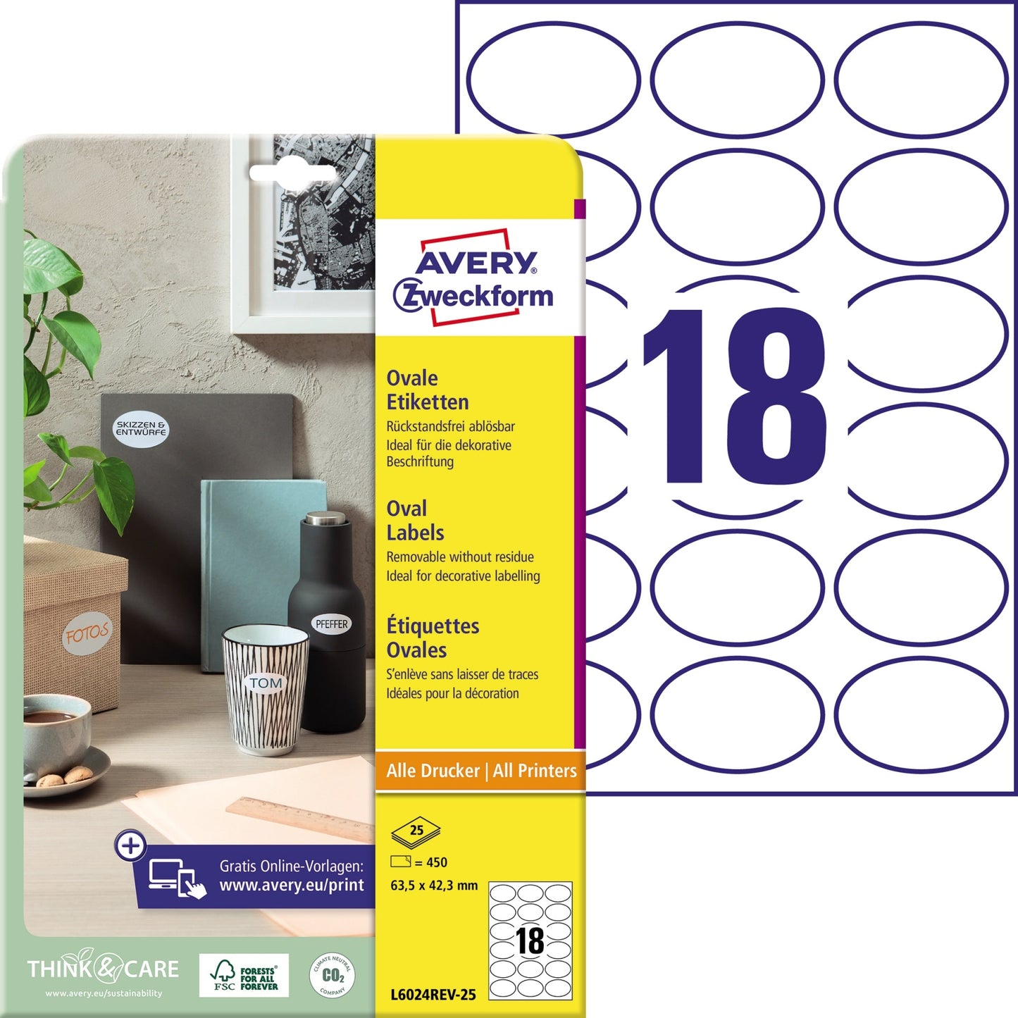 Avery Zweckform Universaletikett 63,5 x 42,3 mm (B x H) wieder ablösbar Papier weiß 450 Etik./Pack.