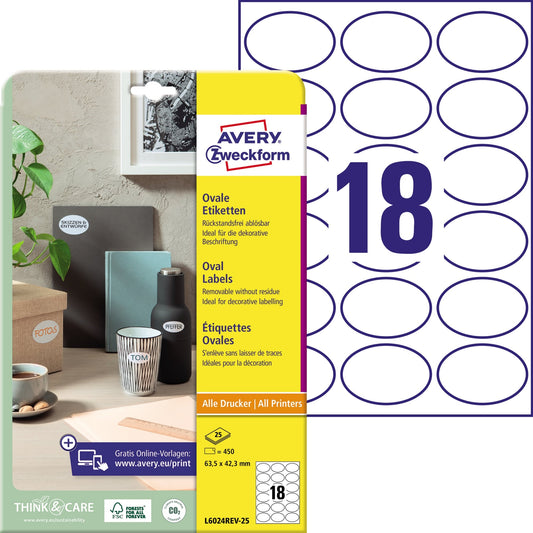 Avery Zweckform Universaletikett 63,5 x 42,3 mm (B x H) wieder ablösbar Papier weiß 450 Etik./Pack.