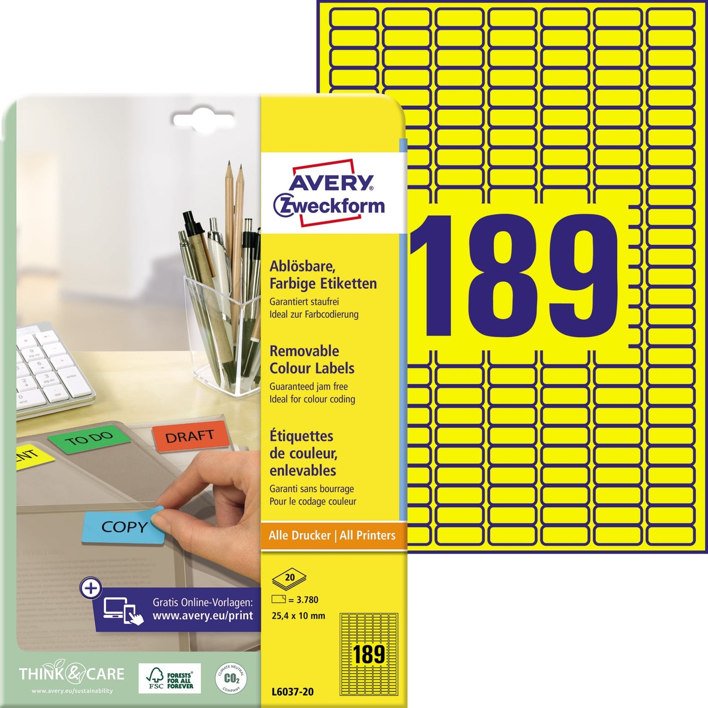 Avery Zweckform Universaletikett 25,4 x 10 mm (B x H) wieder ablösbar Papier gelb 3.780 Etik./Pack.