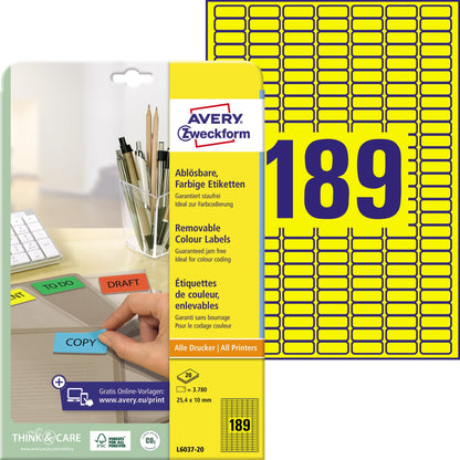 Avery Zweckform Universaletikett 25,4 x 10 mm (B x H) wieder ablösbar Papier gelb 3.780 Etik./Pack.