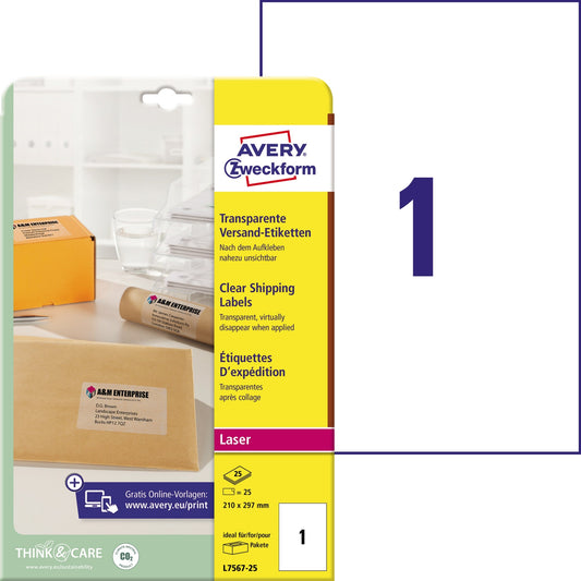 Avery Zweckform Adressetikett QuickPEELT 210 x 297 mm (B x H) Polyester transparent 25 Etik./Pack.
