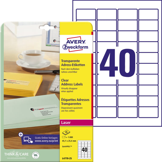 Avery Zweckform Adressetikett QuickPEELT 45,7 x 25,4 mm (B x H) Polyester transparent 1.000 Etik./Pack.