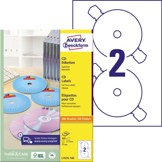 Avery Zweckform CD/DVD Etikett 117mm Papier weiß 200 Etik./Pack.