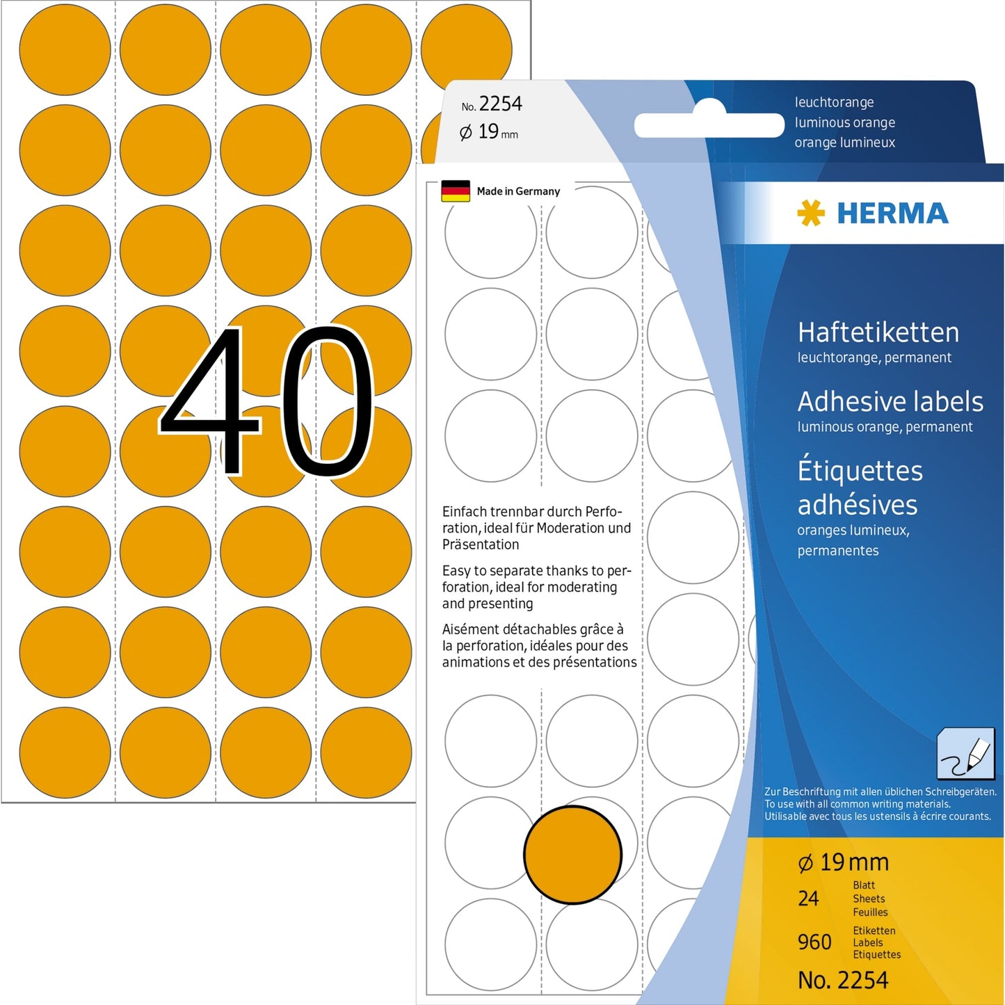 HERMA Markierungspunkt 19mm Papier leuchtorange 960 Etik./Pack.
