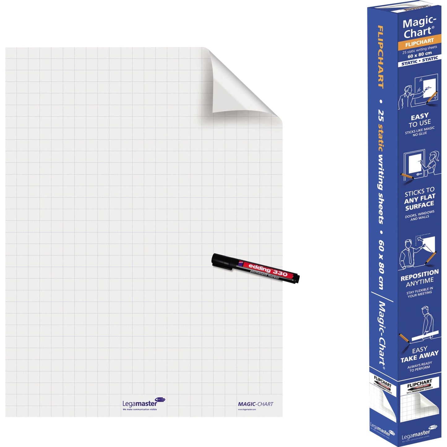 Legamaster Flipchartfolie Magic-Chart Flipchart 60 x 80 cm (B x H) 50µm selbsthaftend inkl. 1 Marker Polypropylen weiß 25 Bl./Pack.