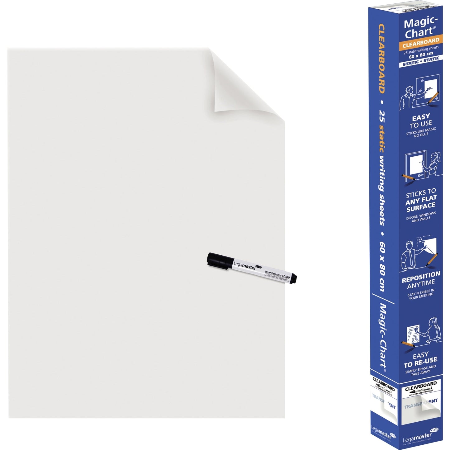 Legamaster Flipchartfolie Magic-Chart Clearboard 60 x 80 cm (B x H) 50µm selbsthaftend inkl. 1 Marker Polypropylen transparent 25 Bl./Pack.