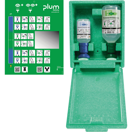 PLUM Augenspülstation 28 x 23 x 11 cm (B x H x T) 1 x 200 ml pH Neutral 4.9 % Phosphate, 1 x 500 ml 0,9 % Natrium Chloride Augenspüllösung, Piktogrammtafel mit Spiegel grün