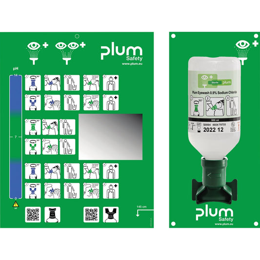 PLUM Augenspülstation 13,5 x 29 cm (B x H) 1 x 500 ml Flasche Plum 0.9% Sodium Chloride Augenspüllösung, Piktogrammtafel mit Spiegel grün