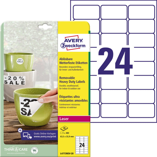Avery Zweckform Folienetikett 63,5 x 33,9 mm (B x H) weiß 480 Etik./Pack.